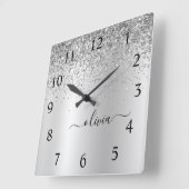 Silver Glitter Glam Metal Monogram Quadratische Wanduhr (Winkel)