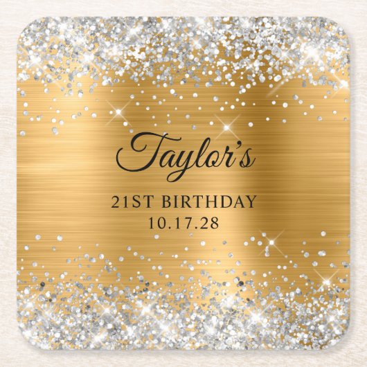 Silver Glitter Gold Foil 21st Birthday Rechteckiger Pappuntersetzer (Vorderseite)