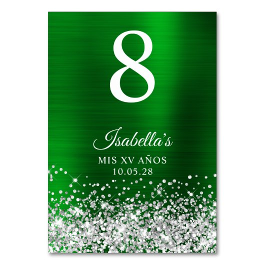 Silver Glitter Green Foil Mis XV Anos Tischnummer (Rückseite)