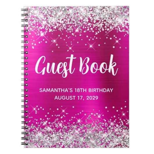 Silver Glitter Hot Pink 18th Birthday Guestbook Notizblock (Vorderseite)