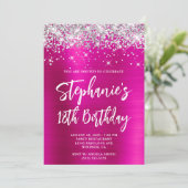 Silver Glitter Hot Pink Foil Bold 18th Birthday Einladung (Stehend Vorderseite)