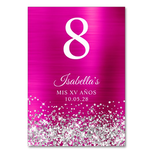 Silver Glitter Hot Pink Foil Mis XV Anos Tischnummer (Vorderseite)