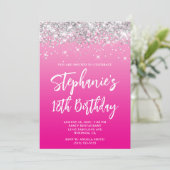 Silver Glitter Hot Pink Ombre Bold 18th Birthday Einladung (Stehend Vorderseite)