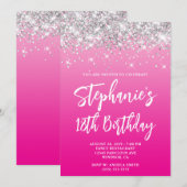 Silver Glitter Hot Pink Ombre Bold 18th Birthday Einladung (Vorne/Hinten)
