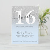 Silver glitter ice blue ombre girly Sweet 16 Einladung (Stehend Vorderseite)