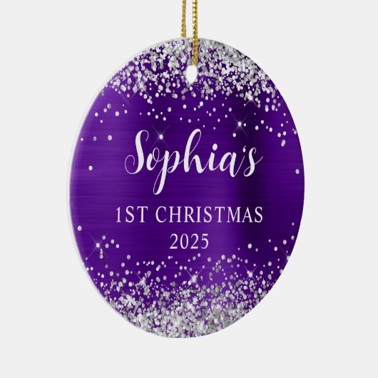 Silver Glitter Ingigo Foil 1st Christmas Photo Keramik Ornament (Rechts)
