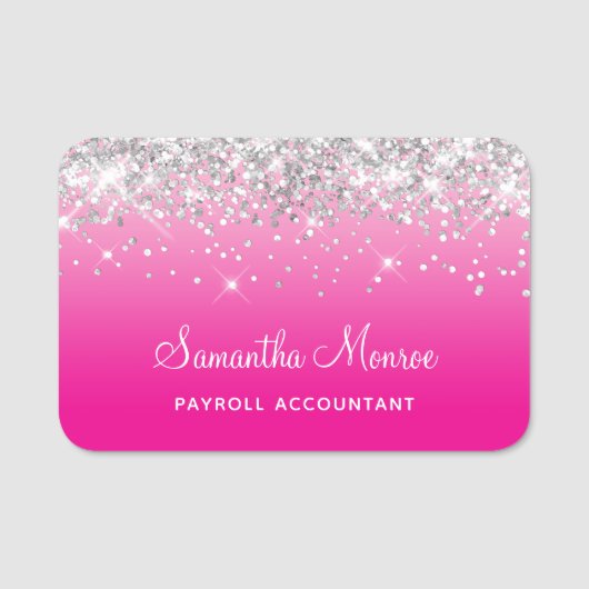 Silver Glitter Light and Hot Pink Ombre Namensschild (Vorderseite)