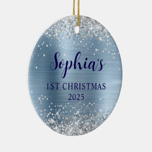 Silver Glitter Light Blue Foil 1st Christmas Photo Keramik Ornament (Rechts)