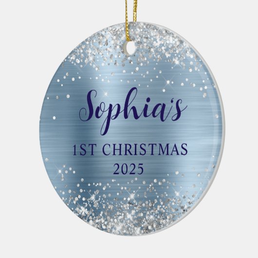 Silver Glitter Light Blue Foil 1st Christmas Photo Keramik Ornament (Links)