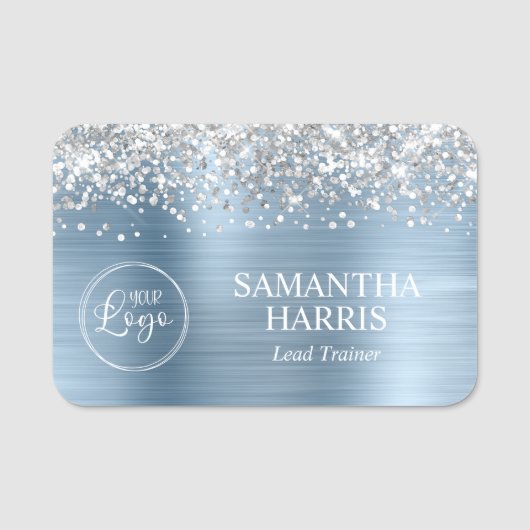 Silver Glitter Light Blue Foil Logo Title Namensschild (Vorderseite)