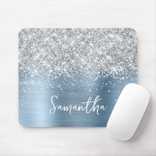 Silver Glitter Light Blue Glam Name Mousepad (Mit Mouse)