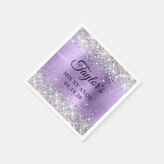 Silver Glitter Light Purple Foil Mis XV Anos Serviette (Ecke)