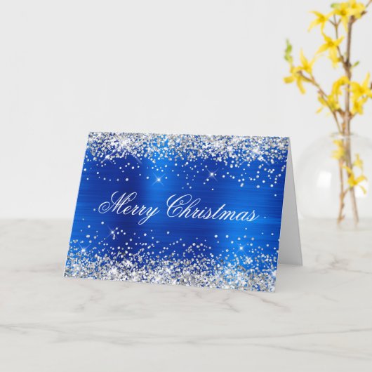 Silver Glitter Metallic Royal Blue Family Photo Karte (Gelbe Blume)