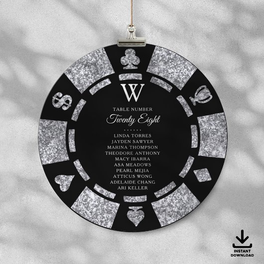 Silver Glitter Monogram Poker Chip Casino Wedding Einladung