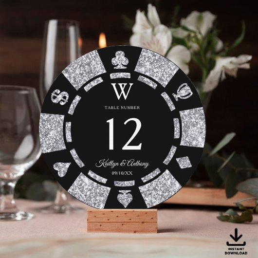 Silver Glitter Monogram Poker Chip Casino Wedding Einladung