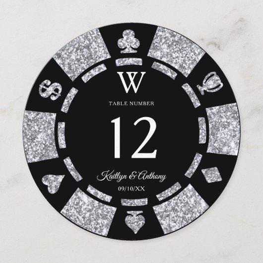 Silver Glitter Monogram Poker Chip Casino Wedding Einladung (Vorderseite)