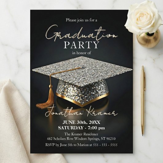 Silver Glitter Mosaic Black Gold Graduation Party Einladung