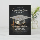 Silver Glitter Mosaic Black Gold Graduation Party Einladung (Stehend Vorderseite)