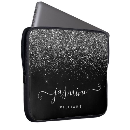 Silver glitter name monogram on black background laptopschutzhülle (Vorne Rechts)