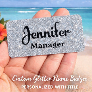 Silver Glitter name tag PIN or MAGNET work badge Namensschild