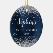 Silver Glitter Navy Blue Foil 1st Christmas Photo Keramik Ornament (Rechts)