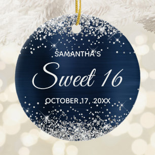 Silver Glitter Navy Blue Foil Sweet 16 Birthday Keramik Ornament