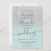 Silver glitter ombre sage green script wedding einladung (Vorderseite)