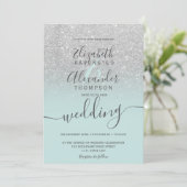 Silver glitter ombre sage green script wedding einladung (Stehend Vorderseite)