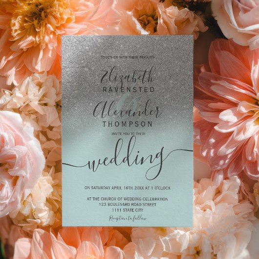 Silver glitter ombre sage green script wedding einladung