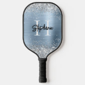 Silver Glitter Pale Blue Foil Monogrammed Pickleball Schläger (Vorderseite)