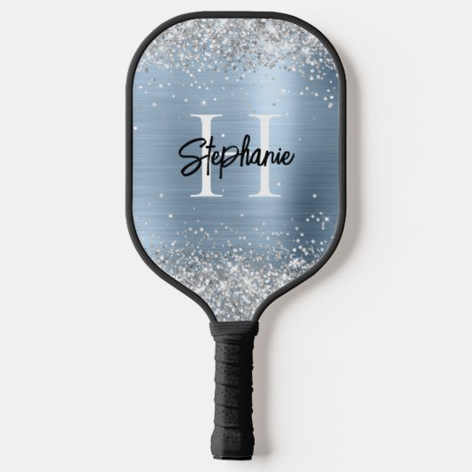 Silver Glitter Pale Blue Foil Monogrammed Pickleball Schläger (Rückseite)