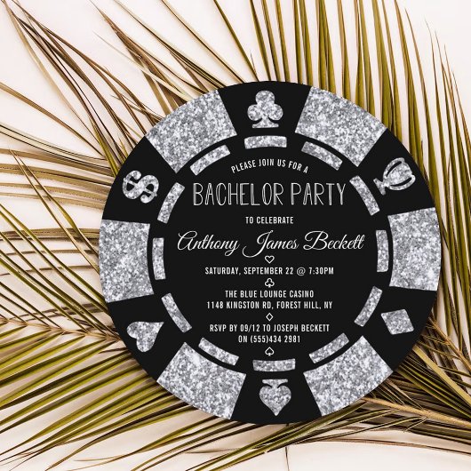 Silver Glitter Poker Chip Las Vegas Bachelor Party Einladung