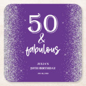 Silver Glitter Purple 50th Birthday Party Rechteckiger Pappuntersetzer (Vorderseite)