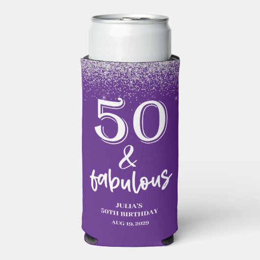 Silver Glitter Purple 50th Birthday Party Selters Dosenkühler (Seltzer Vorderseite)