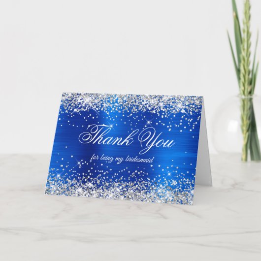 Silver Glitter Royal Blue Foil Bridesmaid Dankeskarte (Vorderseite)