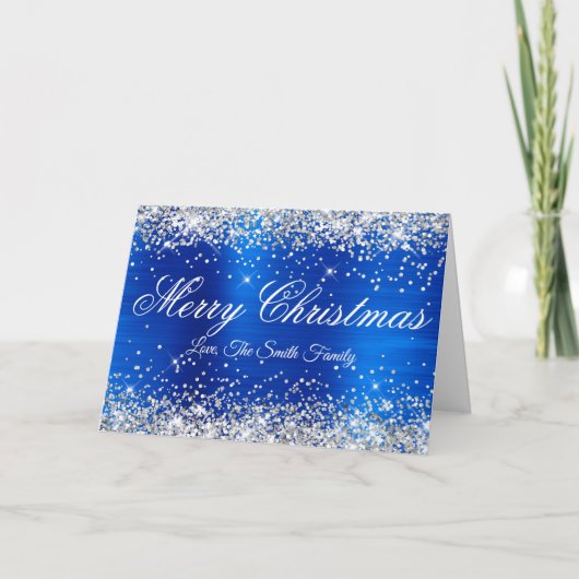 Silver Glitter Royal Blue Foil Family Photo Karte (Vorderseite)
