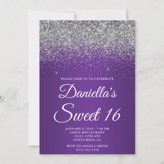 Silver Glitter Royal Purple Gradient Sweet 16 Einladung (Vorderseite)