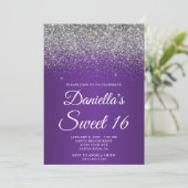Silver Glitter Royal Purple Gradient Sweet 16 Einladung (Stehend Vorderseite)