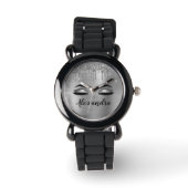 Silver Glitter Sparkle Eyelashes Monogram Armbanduhr (Vorderseite)