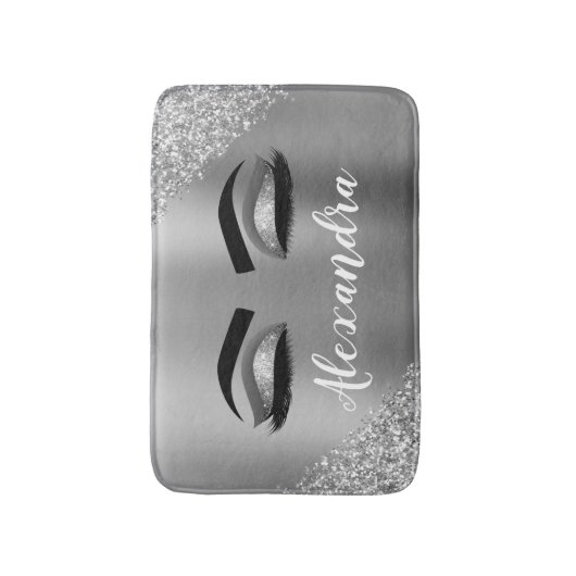 Silver Glitter Sparkle Eyelashes Monogram Badematte (Vorderseite Vertikal)