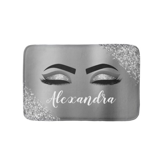 Silver Glitter Sparkle Eyelashes Monogram Badematte (Vorderseite)