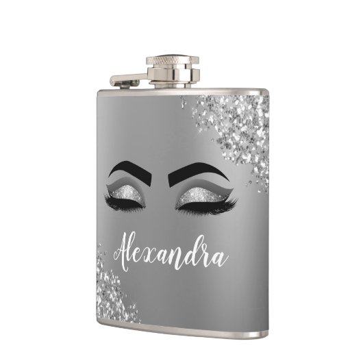 Silver Glitter Sparkle Eyelashes Monogram Flachmann (Links)