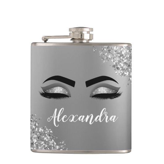 Silver Glitter Sparkle Eyelashes Monogram Flachmann (Vorderseite)