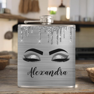 Silver Glitter Sparkle Eyelashes Monogram Flachmann