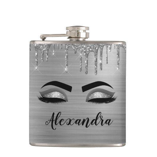 Silver Glitter Sparkle Eyelashes Monogram Flachmann (Vorderseite)