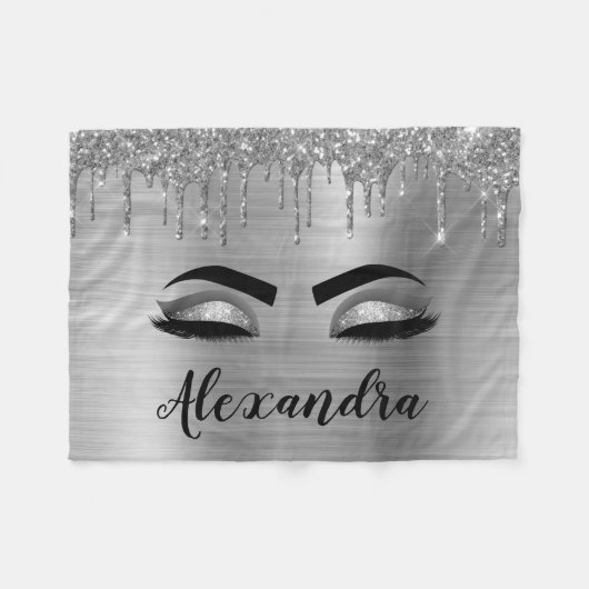 Silver Glitter Sparkle Eyelashes Monogram Fleecedecke (Vorderseite (Horizontal))