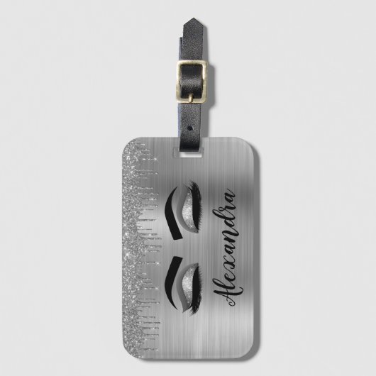 Silver Glitter Sparkle Eyelashes Monogram Gepäckanhänger (Vorderseite Vertikal)