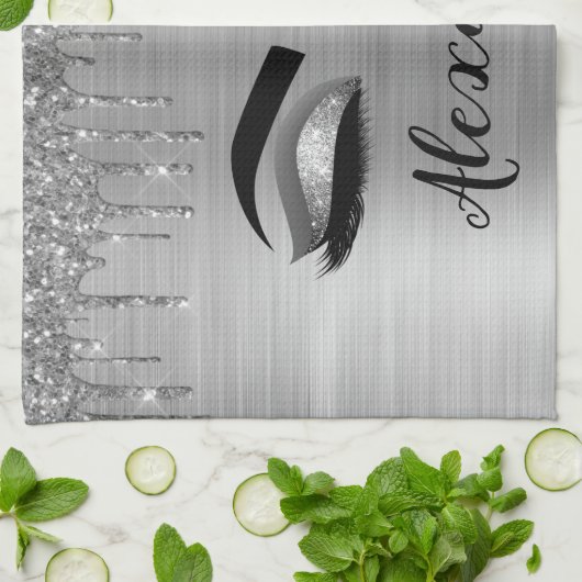 Silver Glitter Sparkle Eyelashes Monogram Geschirrtuch (Gefaltet)