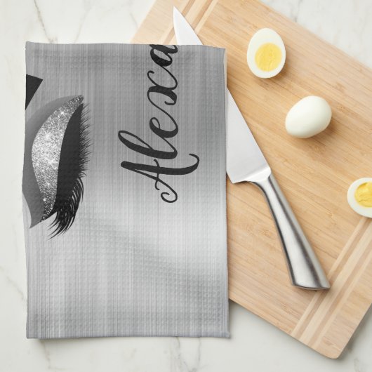 Silver Glitter Sparkle Eyelashes Monogram Geschirrtuch (Viertel Falte)