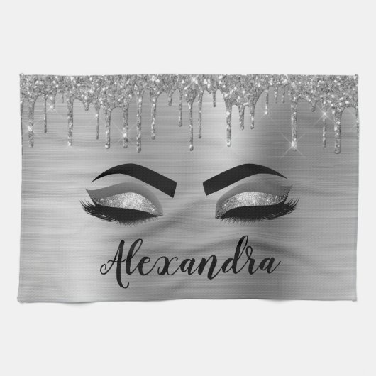 Silver Glitter Sparkle Eyelashes Monogram Geschirrtuch (Horizontal)
